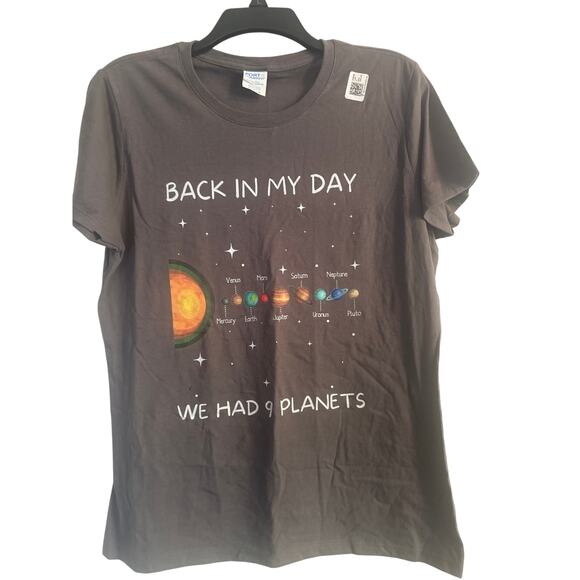 NWT Port and Company Women's T Shirt BACK IN MY DAY WE HAD PLANETS Sz L - Picture 1 of 6